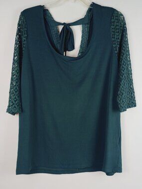 Fade Womens XS Green Blue‎ 3/4 Lace Sleeve Tie Back Scoop Neck Blouse Shirt